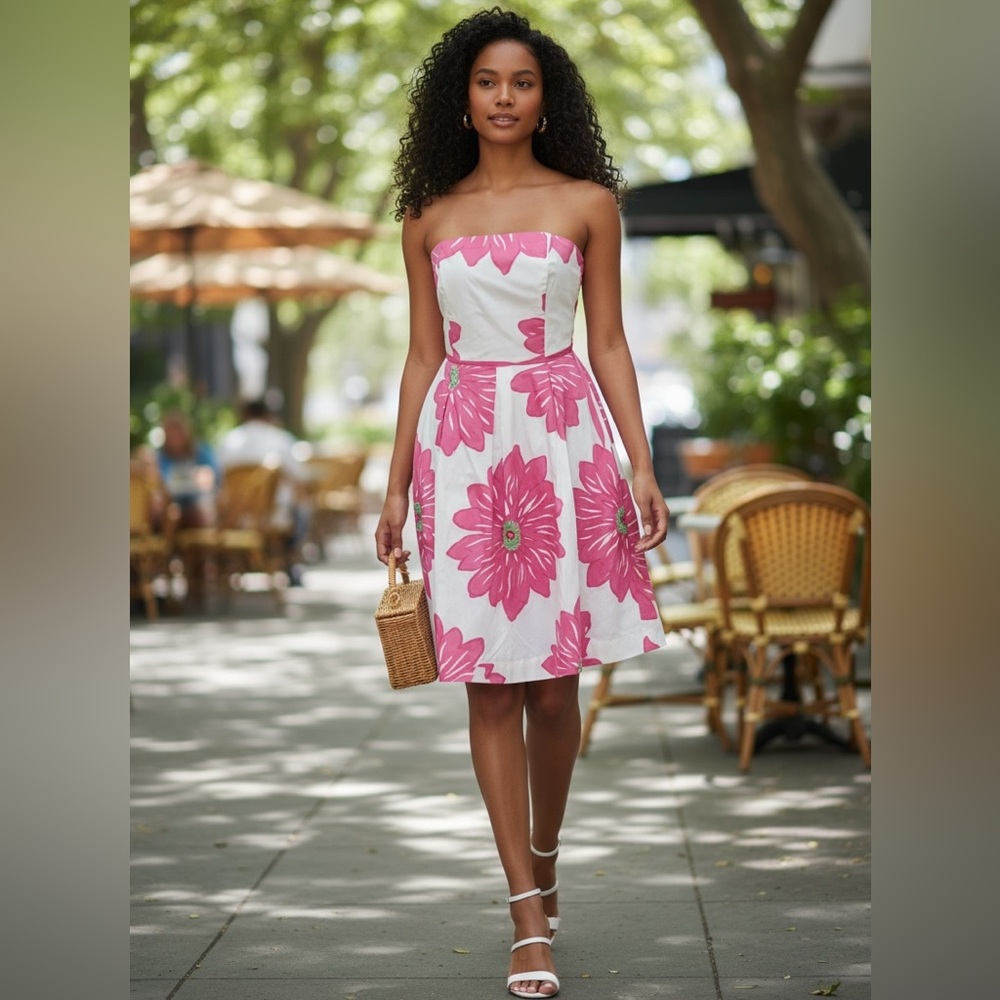 Lilly Pulitzer 100% cotton white pink floral print strapless ribbon Sz 2 dress